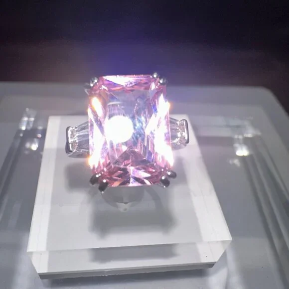 Emerald Cut Pink Cubic Zirconia & Silver Ring 10 - Picture 10 of 12